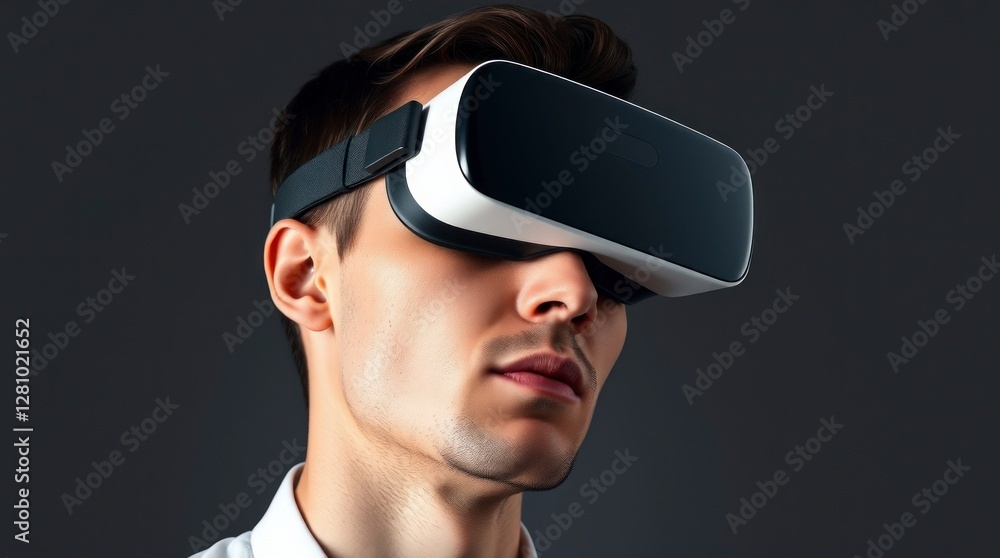 Profile of a man wearing VR goggles, slightly smiling Profile of a man wearing VR goggles, slightly smiling