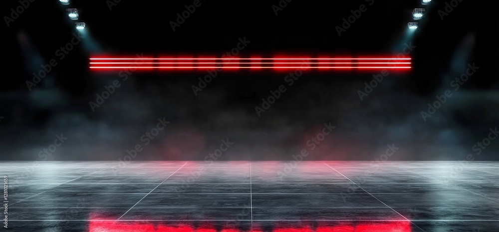 Naklejka premium A 3D rendered futuristic sci-fi environment showcases a garage room with smoke, fog, neon lights, and laser beams, surrounded by red electric accents and cyber underground details, set against the