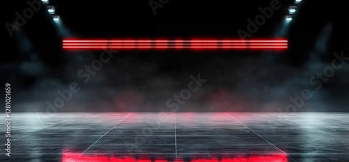 A 3D rendered futuristic sci-fi environment showcases a garage room with smoke, fog, neon lights, and laser beams, surrounded by red electric accents and cyber underground details, set against the