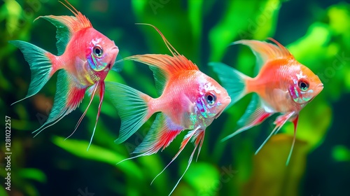 Iridescent Pink and White Angelfish Swimming in a Green Aquarium photo