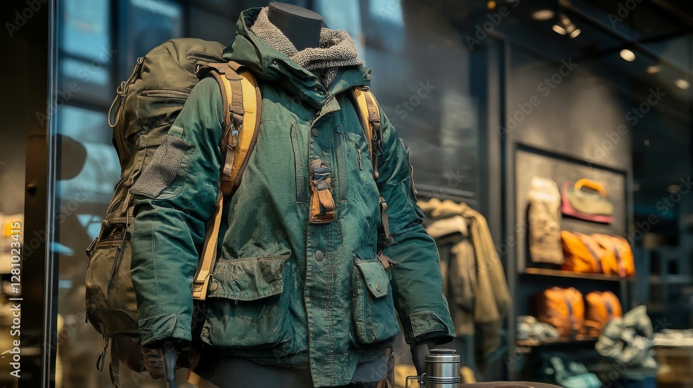 Green Jacket With Backpack Mannequin Display Green Jacket With Backpack Mannequin Display