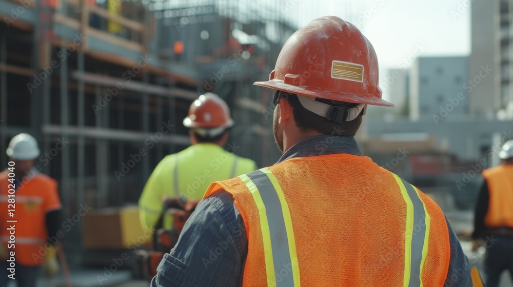 Adult men working at construction site wearing safety gear and hard hats Adult men working at construction site wearing safety gear and hard hats