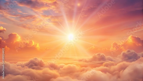 Obraz na płótnie Softly glowing sun shines through wispy clouds in a pastel orange and pink hue, creating a serene landscape, cloud w salonie