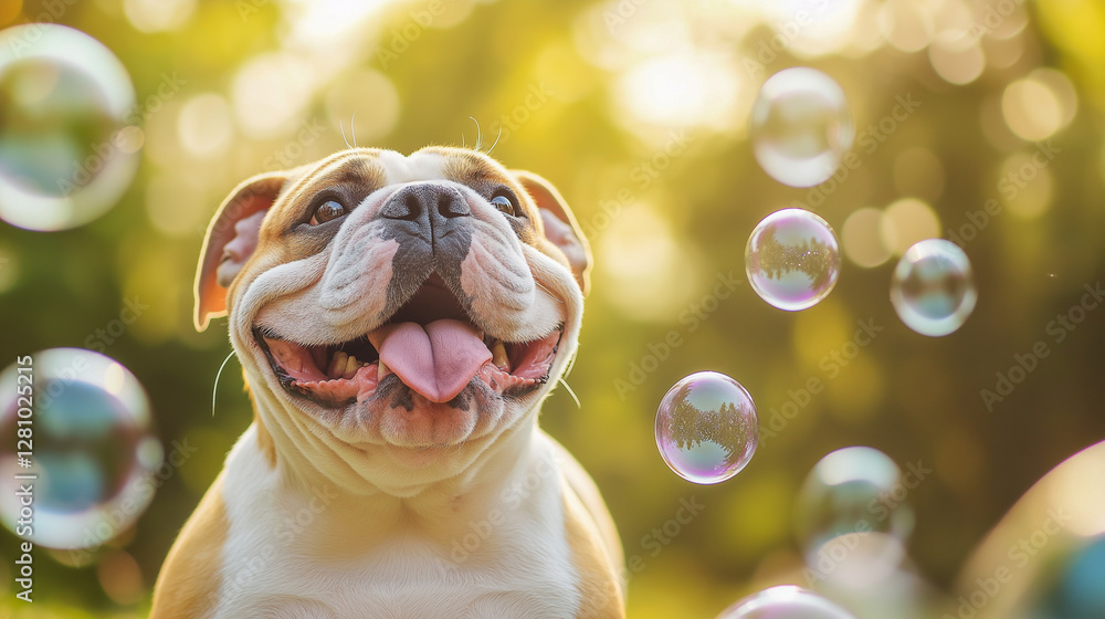 Happy dog enjoying bubbles in a sunny garden setting during early afternoon playtime Happy dog enjoying bubbles in a sunny garden setting during early afternoon playtime