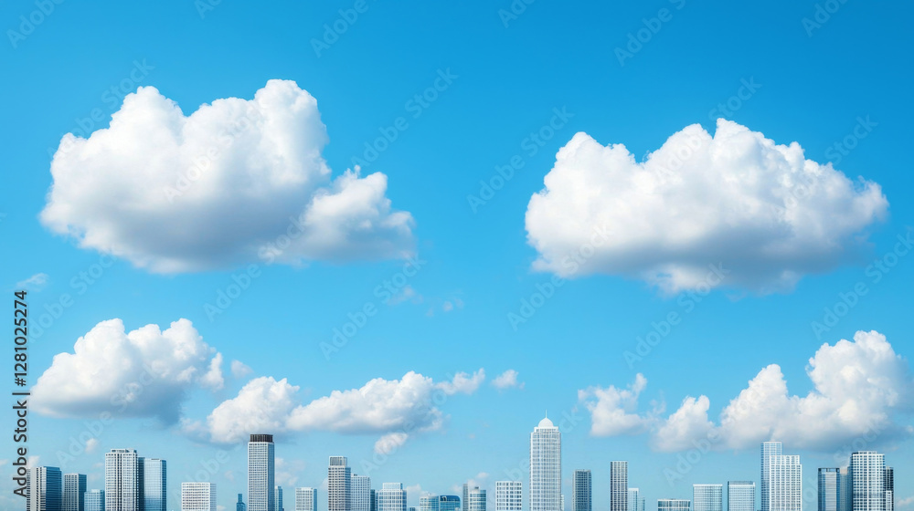 Fototapeta premium Global economic recovery. Bright city skyline under clear blue sky with fluffy clouds