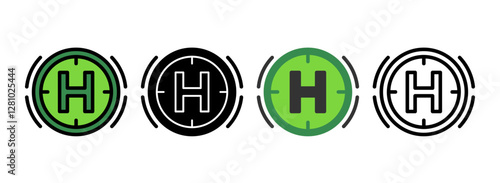 Set of Helicopter pad Line, Line Filled, Glyph, Flat Icons