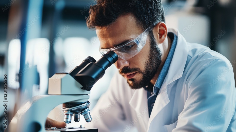 Young male scientist in lab coat analyzing samples through microscope Young male scientist in lab coat analyzing samples through microscope