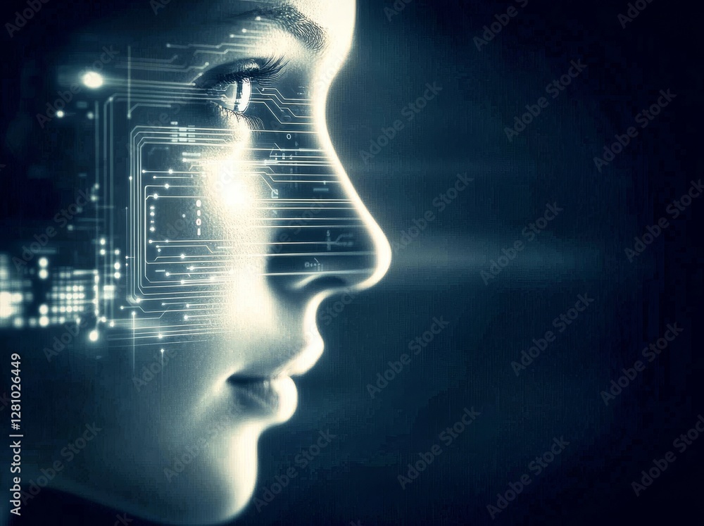 Obraz premium A stock concept is represented by data flowing out of a microchip and approaching a human being with android-like traits