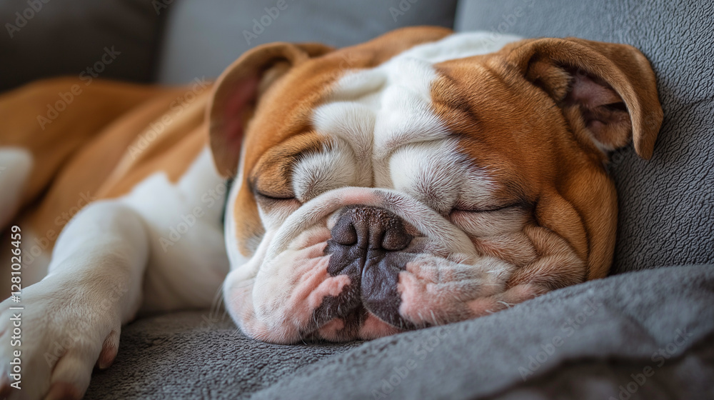 Bulldog peacefully sleeping on a cozy couch during a bright afternoon in a warm living room Bulldog peacefully sleeping on a cozy couch during a bright afternoon in a warm living room
