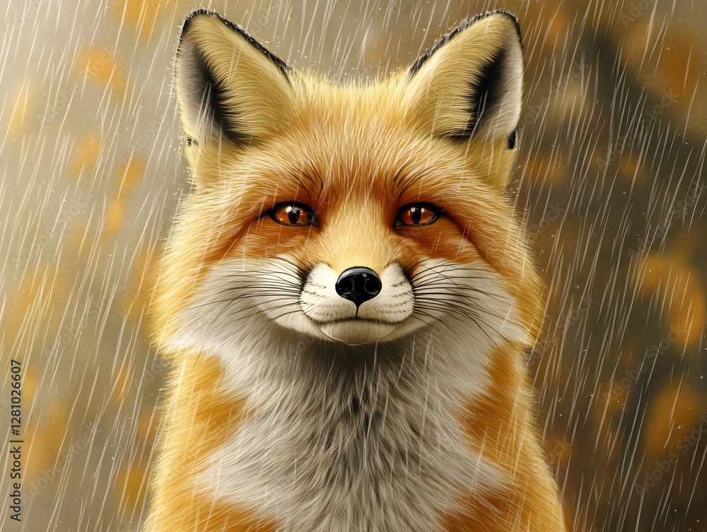 Fototapeta premium Red Fox in the Rain Autumn Forest Portrait