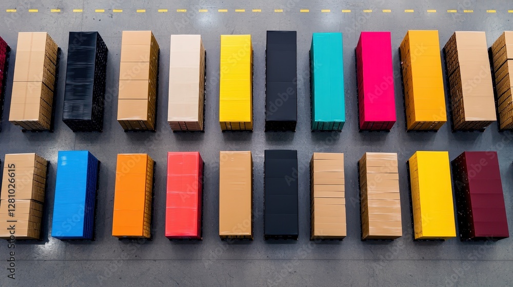 Fototapeta premium Aerial view of colorful shipping containers arranged in neat rows on a concrete surface.