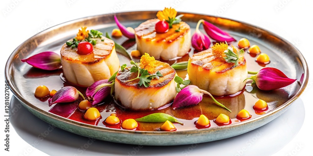 Fototapeta premium Seared Scallops with Sauce and Petals in Metal Plate