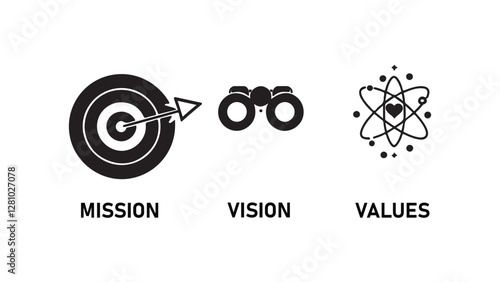 Vision, mission and values editable stroke outline icons set isolated on white background flat vector illustration. Pixel perfect. 16 x  9 inches