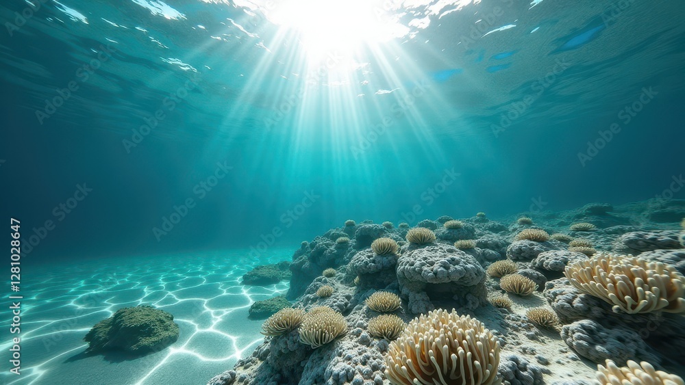 Fototapeta premium Bleached coral reef on sandy ocean floor under clear water with sunlight 