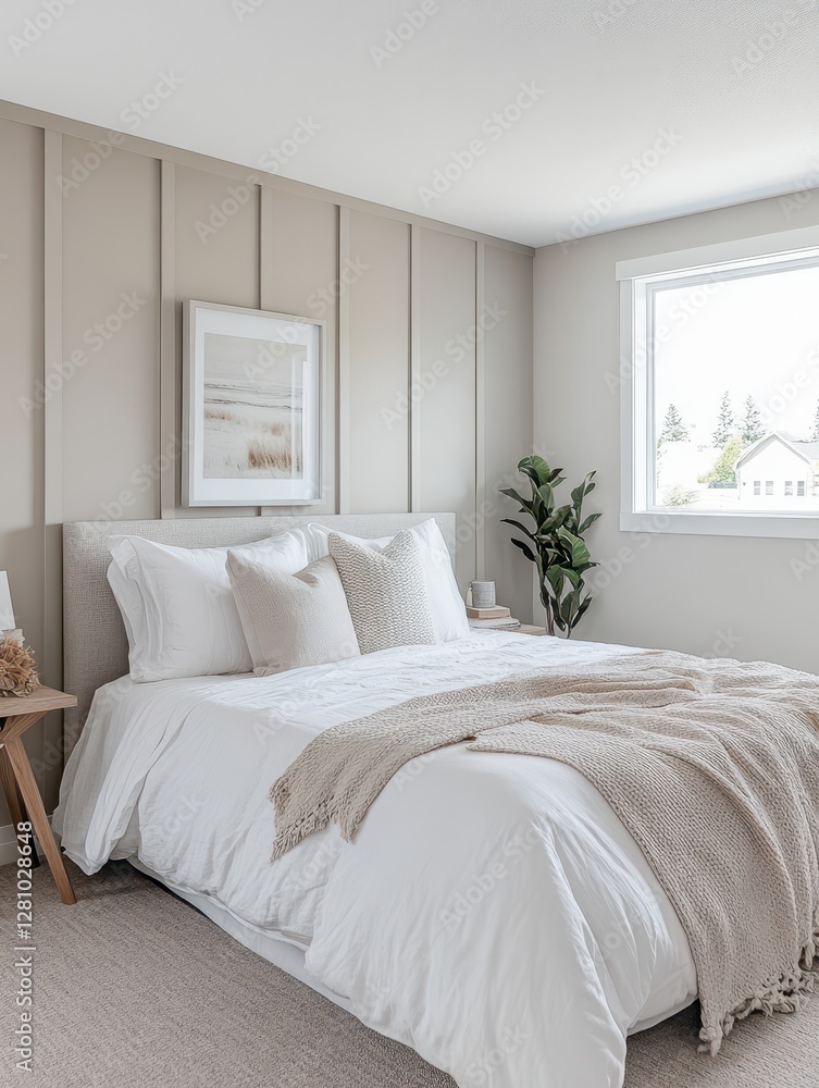 A bedroom with a bed plants and soft neutral tones A bedroom with a bed plants and soft neutral tones