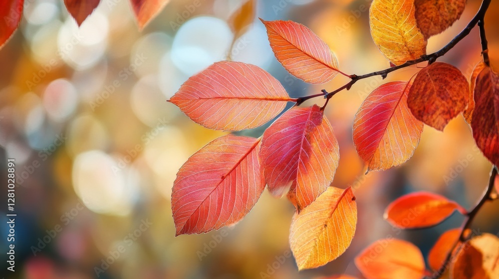 Vibrant autumn leaves on branch with colorful bokeh background Vibrant autumn leaves on branch with colorful bokeh background