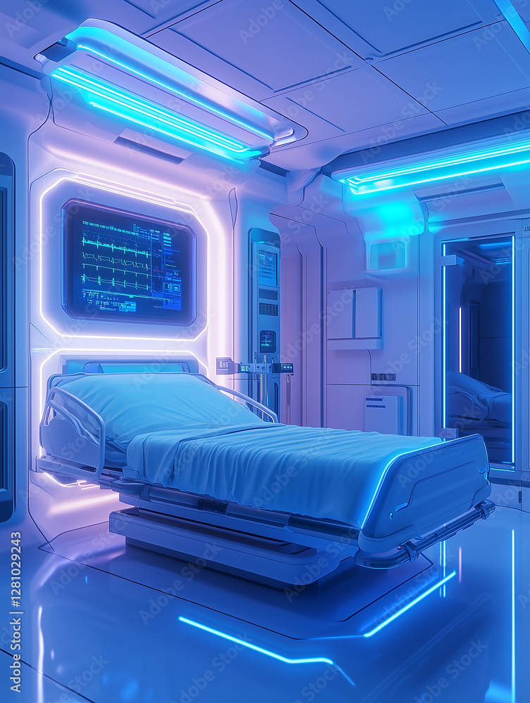 Obraz premium Futuristic medical room featuring advanced equipment and ambient lighting for enhanced patient care