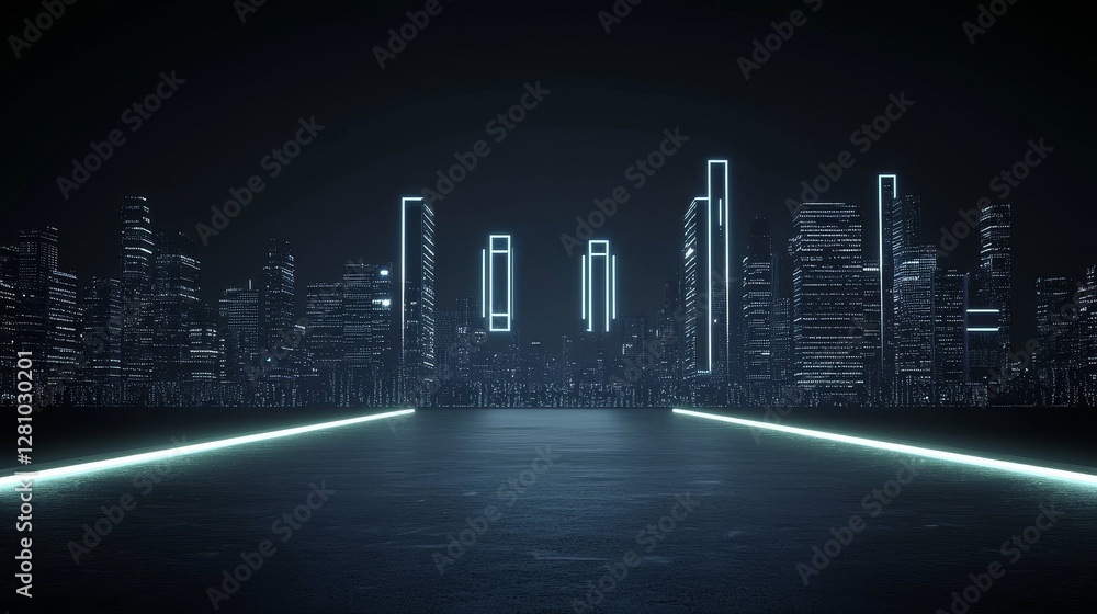 Fototapeta premium The cyberpunk theme is captured in a 3D rendering of a neon mega city, where light reflections from puddles on the street lead the eye towards the buildings, representing the nightlife and central