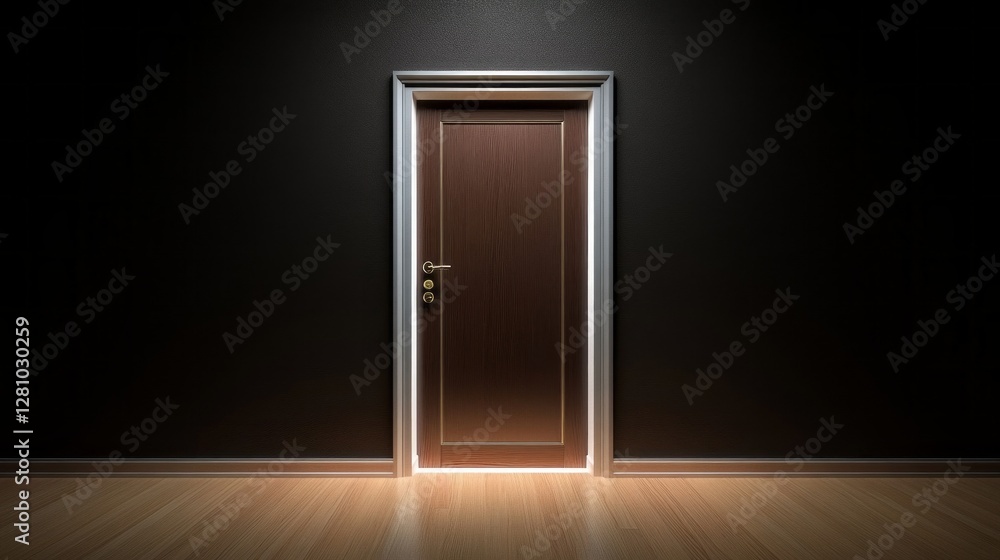 Soft light spills from an open door in a shadowy room, inviting curiosity and contemplation. The wooden door stands as a barrier, balancing light and darkness in perfect harmony Soft light spills from an open door in a shadowy room, inviting curiosity and contemplation. The wooden door stands as a barrier, balancing light and darkness in perfect harmony