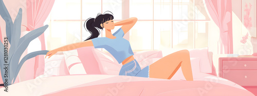 A woman stretching in bed, cartoon-style vector illustration with pastel pink colors
