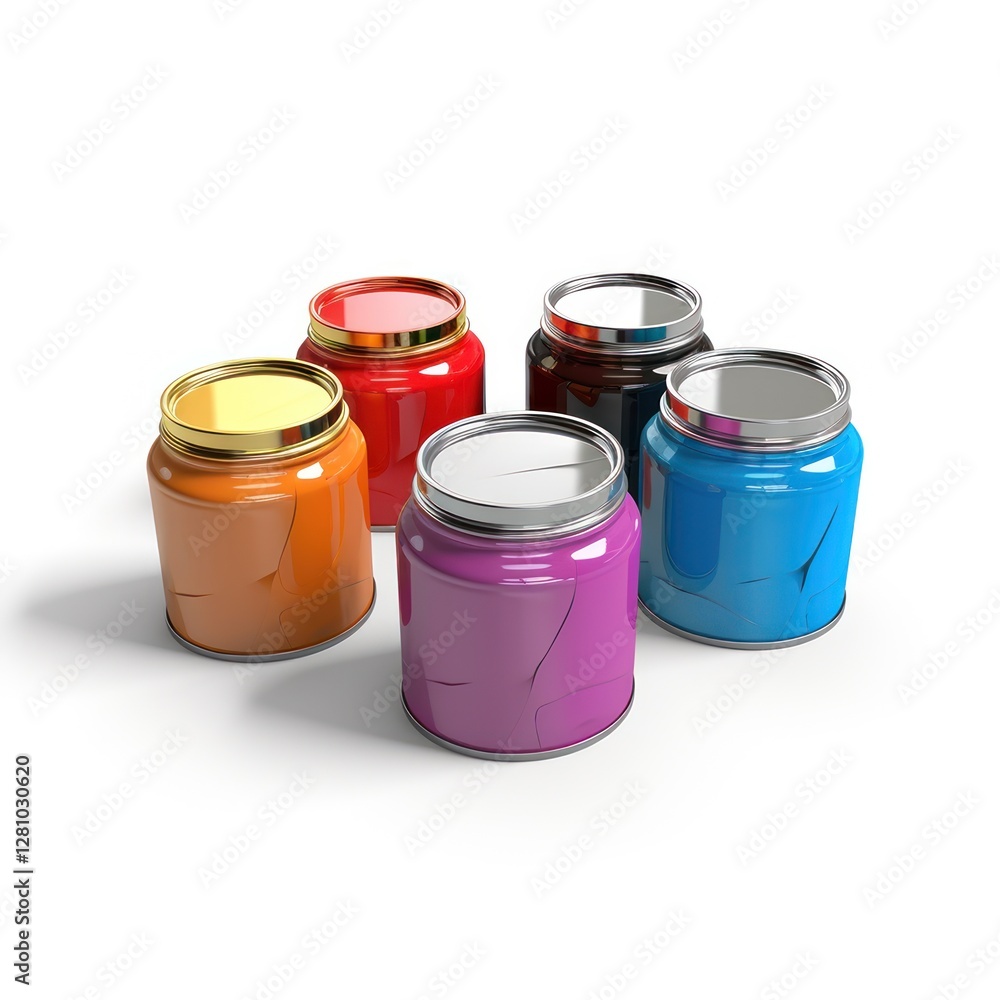 Colorful metal paint cans a white background, showcasing vibrant hues for creative projects Colorful metal paint cans a white background, showcasing vibrant hues for creative projects
