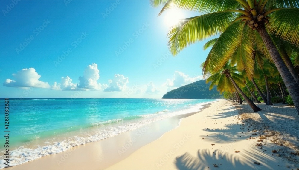 Sun-drenched beach with swaying palms, tranquil waves break softly on shore , serene, sea, shore Sun-drenched beach with swaying palms, tranquil waves break softly on shore , serene, sea, shore