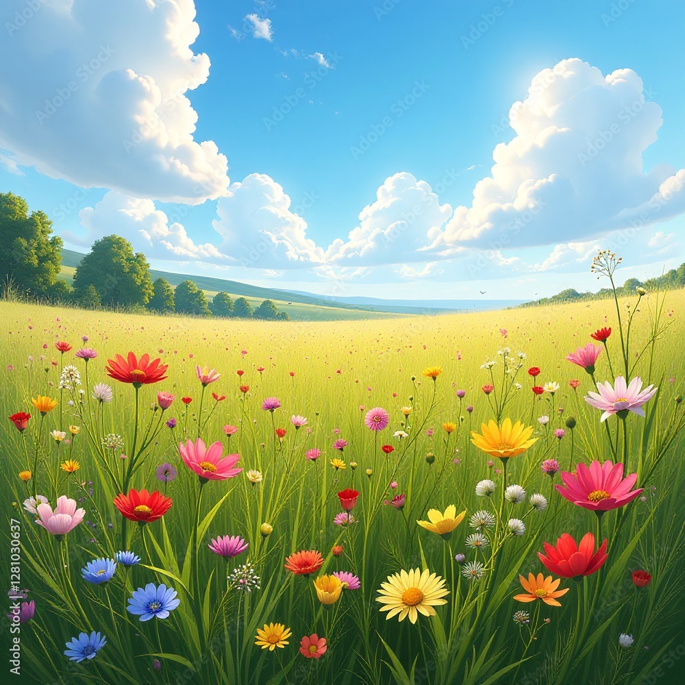 Fototapeta premium Seasonal spring birds, wildflowers in bloom, soft pastel sky, decorative background