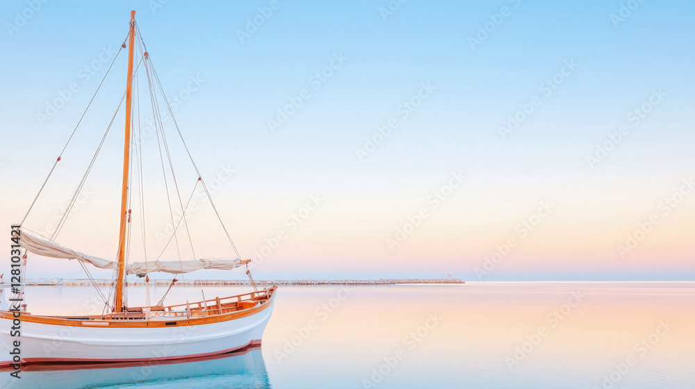 Naklejka premium Serene view of a sailboat anchored on calm waters during a pastel-colored sunset, symbolizing tranquility, travel and coastal lifestyle.