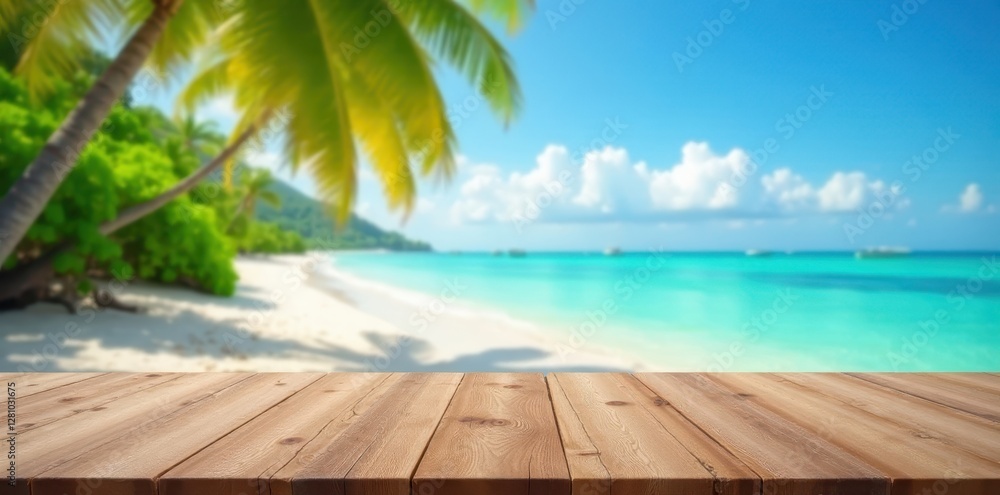 Fototapeta premium Empty wooden table on idyllic tropical beach, blurred background , paradise, sea
