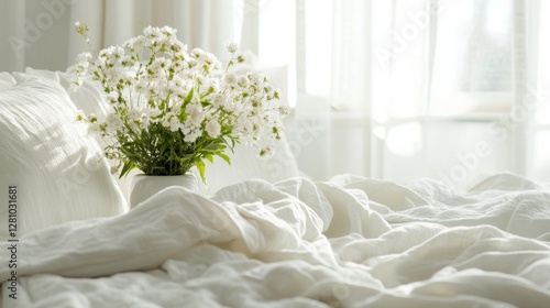Serene morning light with white flowers on soft cozy bedding