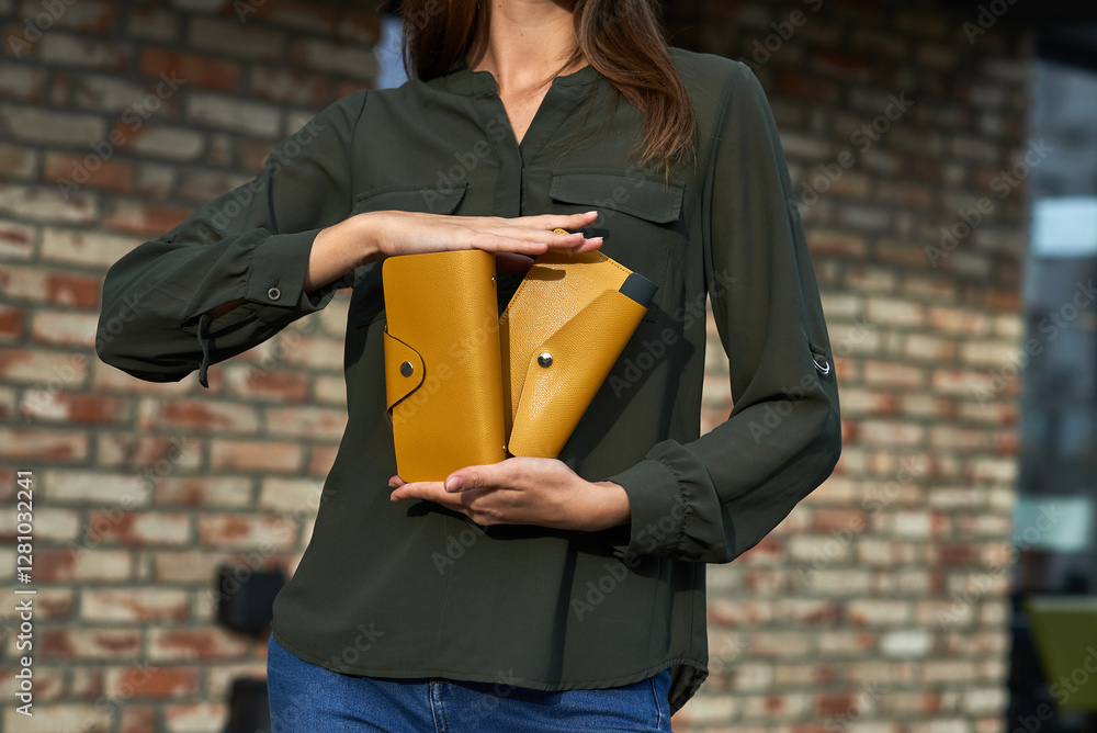 Stylish woman holding two yellow leather wallets in hands, outdoor urban fashion shot, focus on accessories, fashion accessories concept