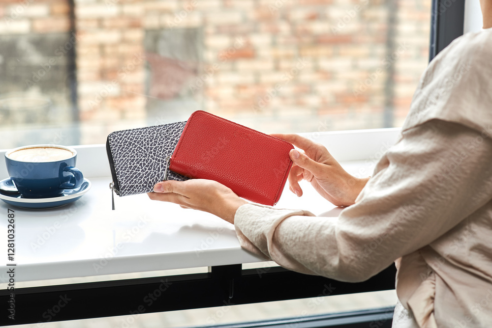 Modern wallet in elegant hands, stylish design for fashion lovers, vibrant color, casual setting, lifestyle accessory, creativity, fashion accessory concept