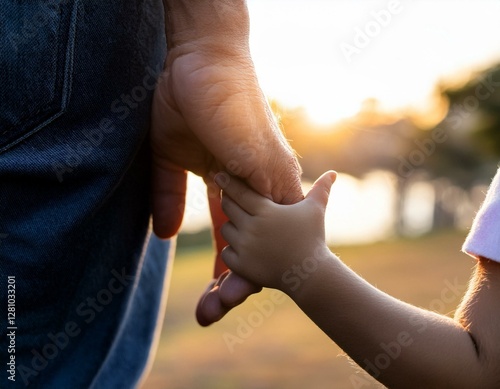 una silueta de una mano niño junto a la mano del padre, concepto del día del padre, con espacio para texto photo