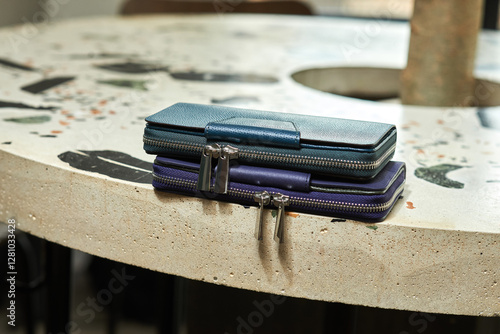 Elegant leather wallets stacked on textured table in natural light showcasing style and organization, fashion accessory concept