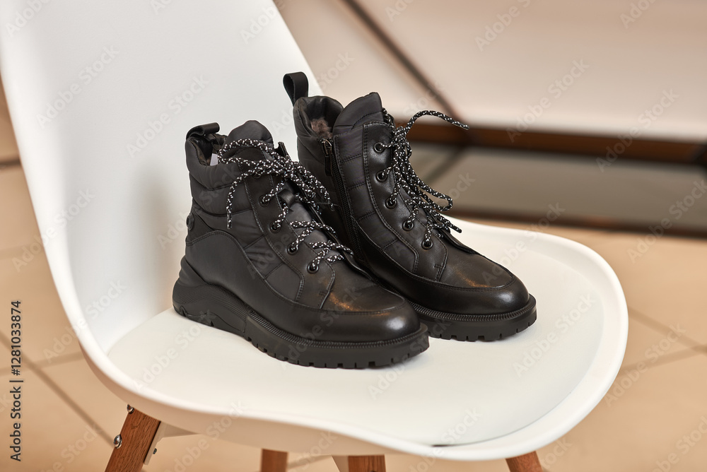 Elegant black winter boots with laces on modern white chair in indoor setting fashion footwear concept