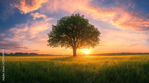 Sunset behind lone tree in lush green field with dramatic sky