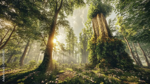 Wallpaper Mural A realistic, nature background showcasing a dense forest with towering trees, dappled sunlight filtering through the leaves, and a carpet of wildflowers, capturing the essence of untouched 08 Torontodigital.ca