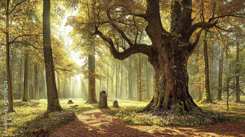 Wallpaper Mural A realistic, nature background showcasing a dense forest with towering trees, dappled sunlight filtering through the leaves, and a carpet of wildflowers, capturing the essence of untouched 11 Torontodigital.ca