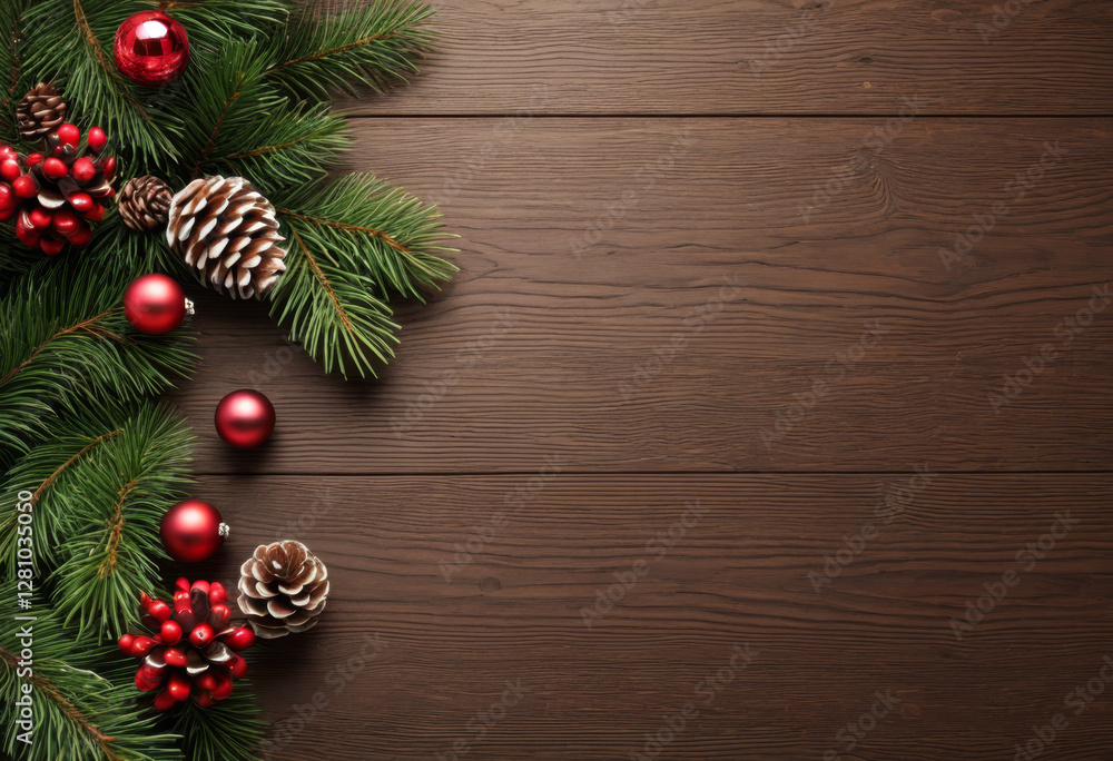 Fototapeta premium Christmas decorations fir branches berries and pine cones