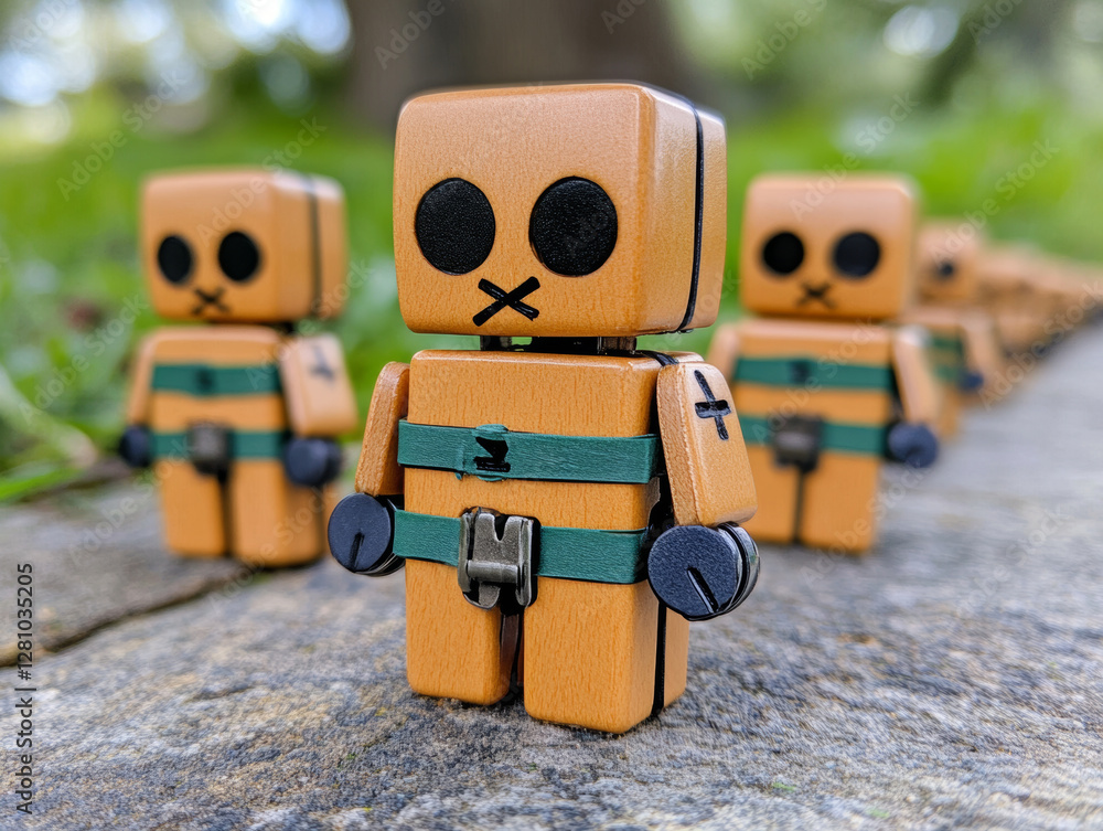 Obraz premium Wooden figurines lined up outdoors, showcasing unique designs and colors