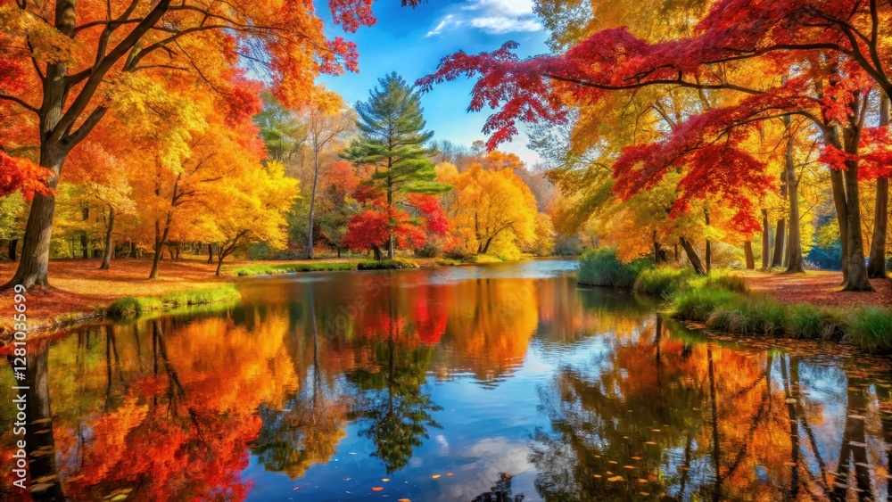 A tranquil forest bathed in warm sunlight with vibrant autumn foliage of golden maples and crimson oaks surrounding a serene pond, autumn foliage, nature scenery A tranquil forest bathed in warm sunlight with vibrant autumn foliage of golden maples and crimson oaks surrounding a serene pond, autumn foliage, nature scenery