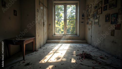 The dark interior of an old abandoned building reveals a forgotten room with a broken window