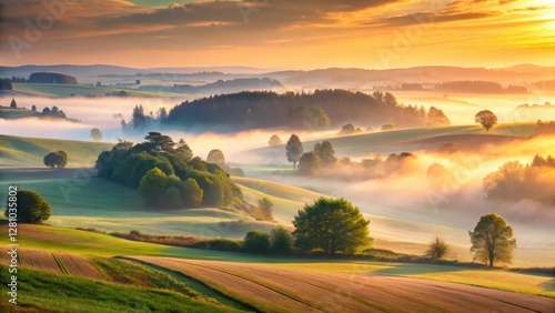 Wallpaper Mural Foggy rural landscape with misty sunrise over rolling hills and fields Torontodigital.ca