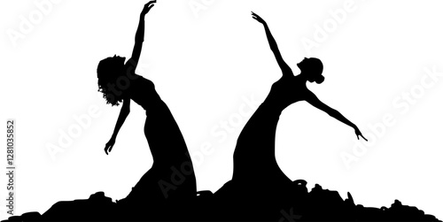  Vektor Silhouette Körper zwei Frauen in Trance - leichte Bewegungen und Entspannung in der Natur - Wellness und Ruhe - Fließende positive Energie und Liebe