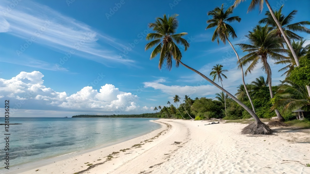Tropical Paradise Beach: White Sand, Palm Trees, and Azure Ocean