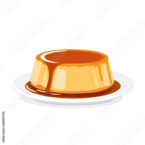 Flat vector caramel flan, minimalist design, isolated on a white background.

