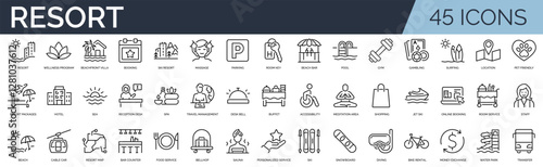 Set of 45 outline icons related to resort. Linear icon collection. Editable stroke. Vector illustration