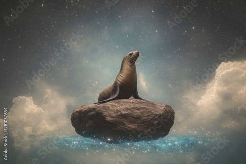 Majestic seal on stone amidst shimmering waters and dreamy cloud