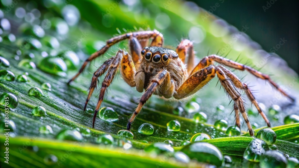 A Close-Up View of a Jumping Spider on a Dew-Covered Leaf A Close-Up View of a Jumping Spider on a Dew-Covered Leaf
