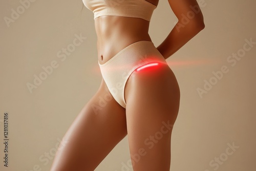 Laser stretch marks removal. Young woman with stretch marks on her thigh with red laser beam aimed at this, beige background, Generative AI